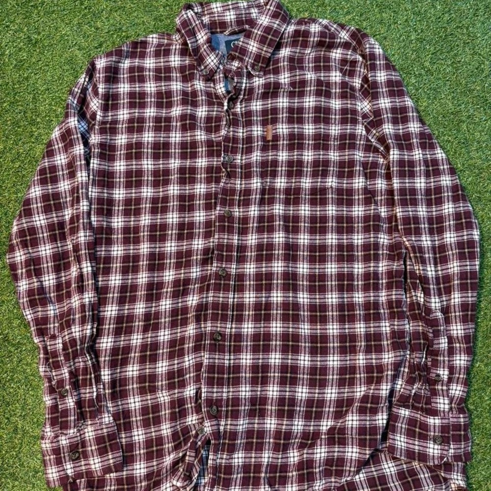 Chaps brown & white plaid button up shirt Size L #flannel #plaid